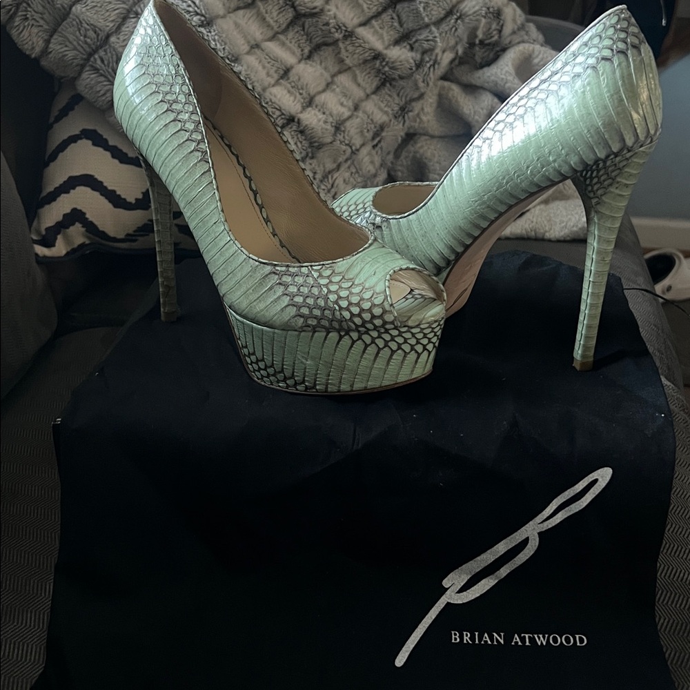 Brian Atwood Mint Snakeskin Platform Heels